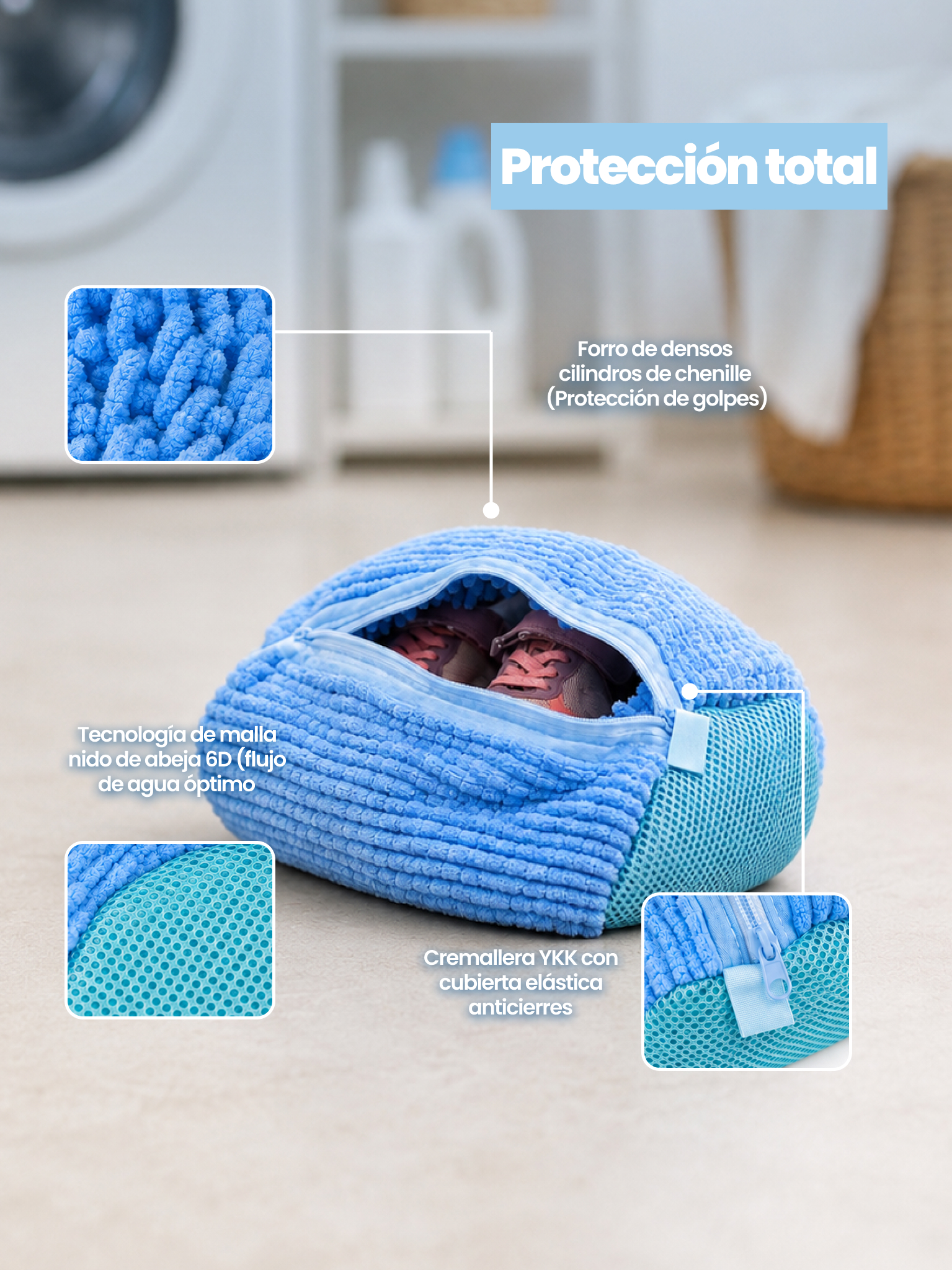 Protección total: forro chenille, malla 6D, cremallera con cubierta elástica