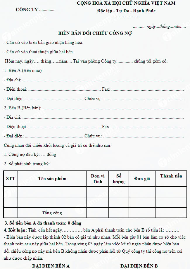 Bảng đối chiếu công nợ khách hàng