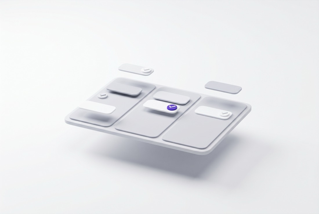 Abstract white render of a kanban board with task cards and one violet checkmark card. DigiVal project management and delivery.