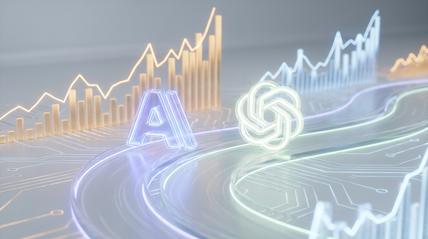 Abstract logos of Anthropic and OpenAI racing, symbolizing the intense competition and valuation battle in the AI market.