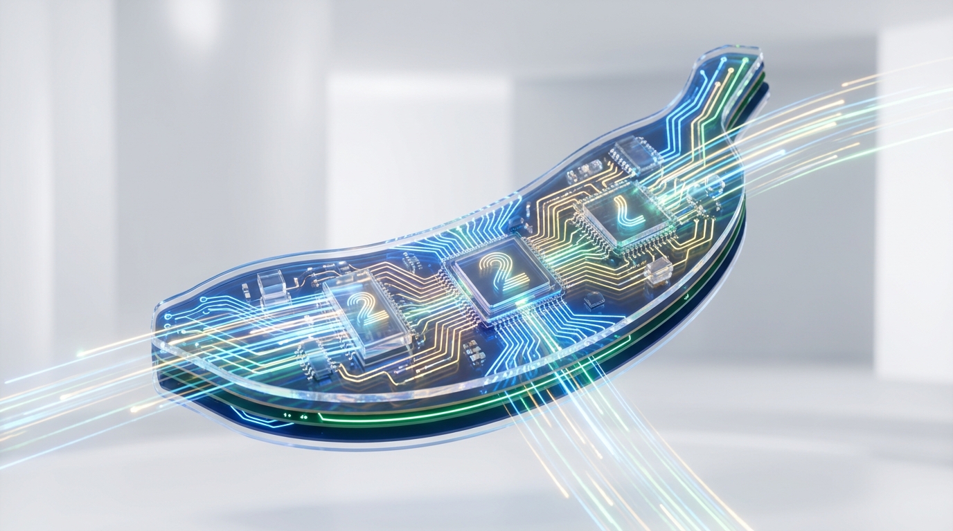 Abstract digital art of a glowing banana-themed circuit board with fast data streams, symbolizing the speed and efficiency of Nano Banana 2 Lite for rapid prototyping.