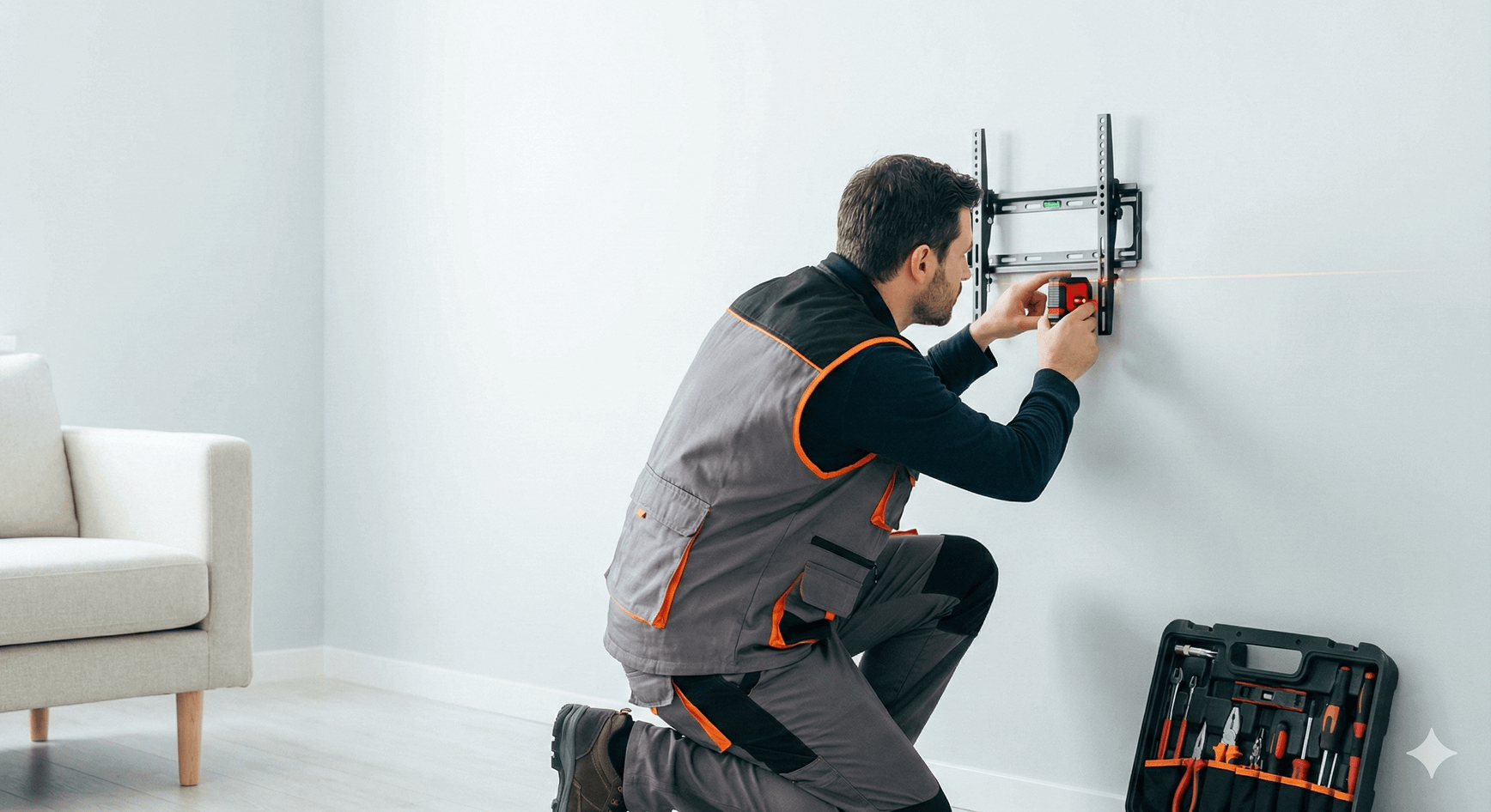 Técnico con uniforme instalando TV