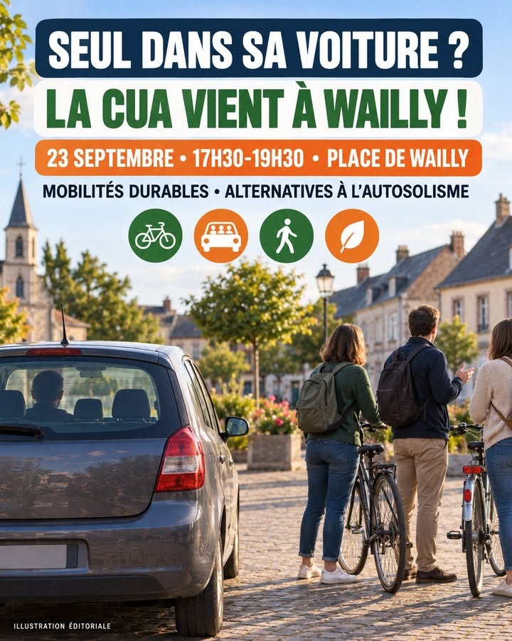 Une voiture seule, des cyclistes et des piétons devant des bâtiments, avec des icônes de mobilité durable.