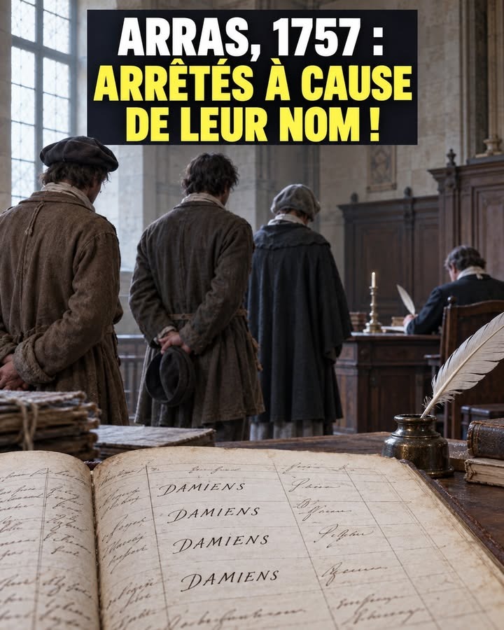 Trois hommes vêtus d'époque se tiennent le dos tourné, devant un registre ouvert listant le nom « DAMIENS » et une plume dans un encreur.