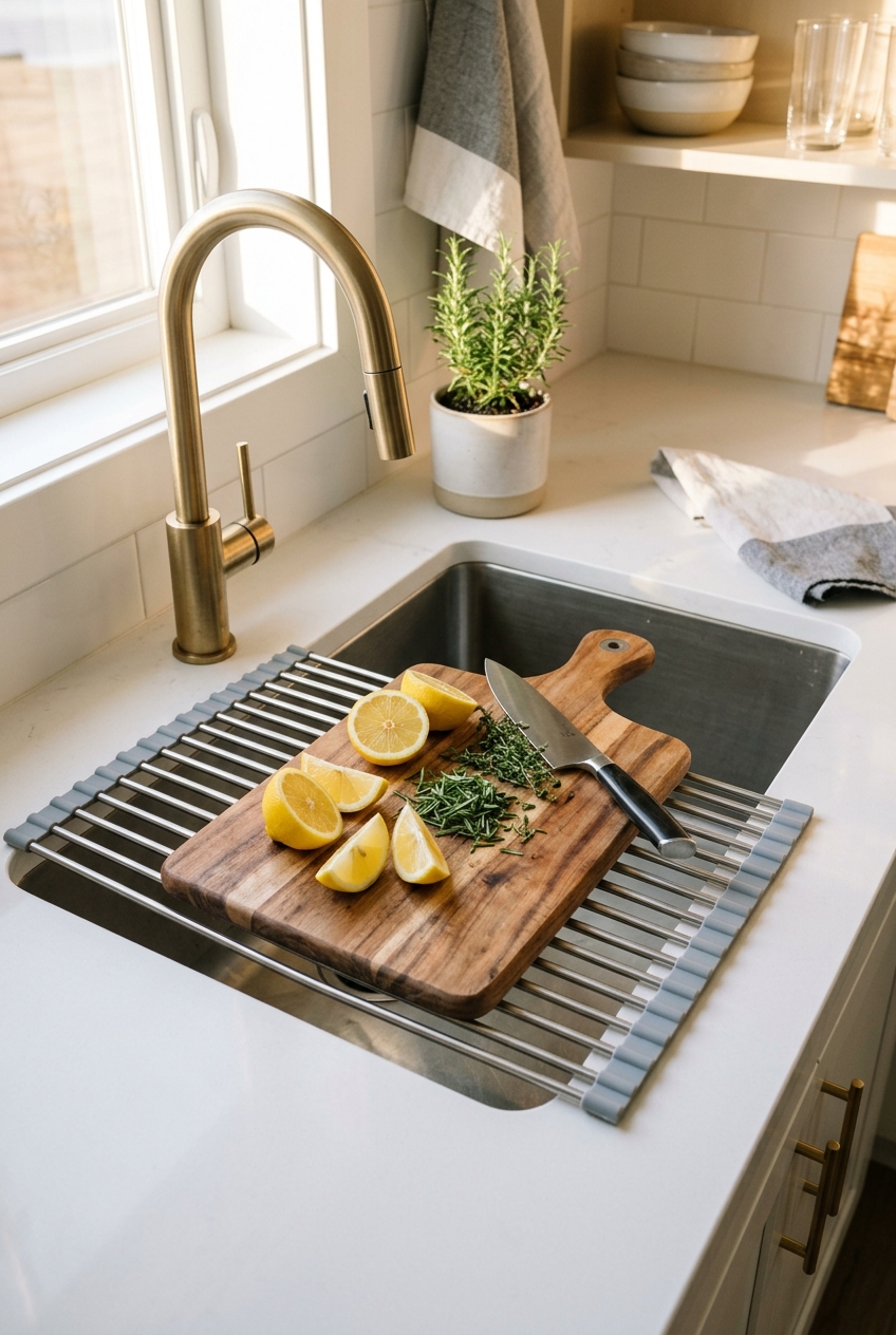 Sleek roll-up over the sink drying and prep rack with cutting board in small apartment