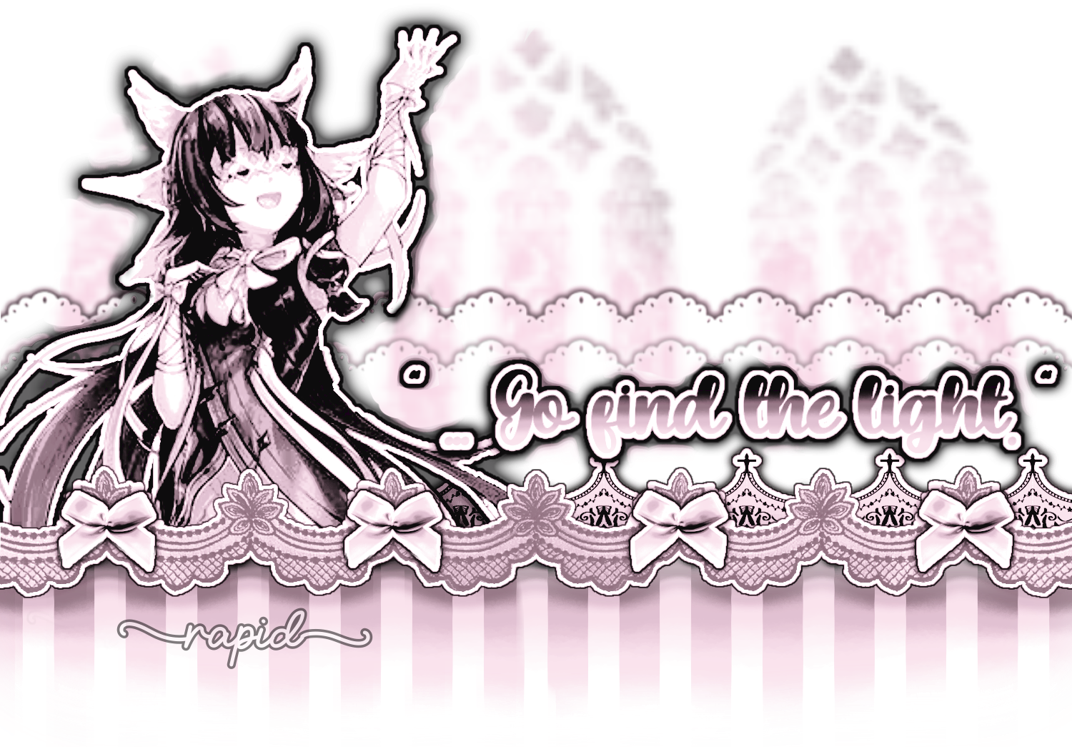 Made by @aynemedy on tumblr and pinterest. The sites footer. It looks similar to the header, as its color scheme, divider, and pngs remain the same. Columbina from genshin impact is depicted on the left side of the footer, while on the right side, there's fancy and colorful text saying "...go find the light".