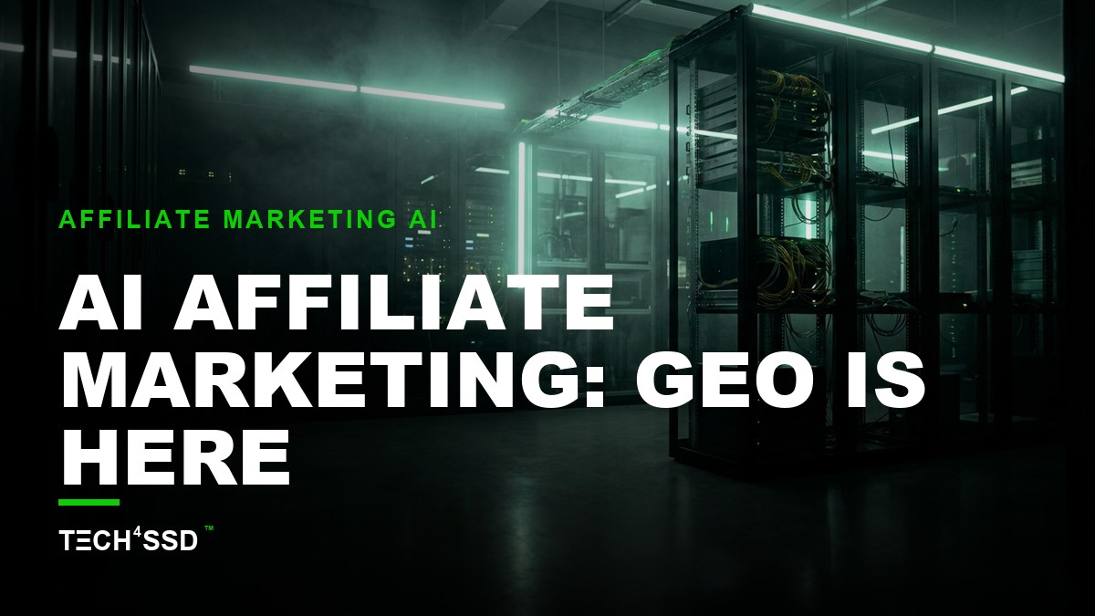 Futuristic digital landscape with glowing 'GEO' icon at center, representing AI affiliate marketing evolution