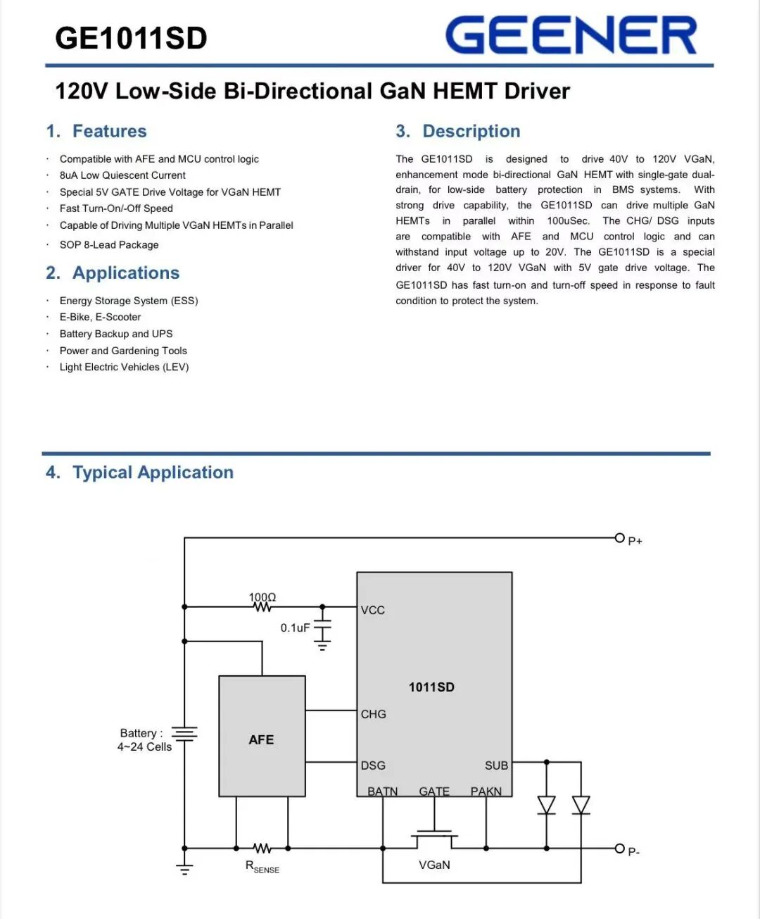 Sơ đồ ứng dụng điển hình của chip điều khiển Geener GE1011SD kết hợp linh kiện GaN hai chiều