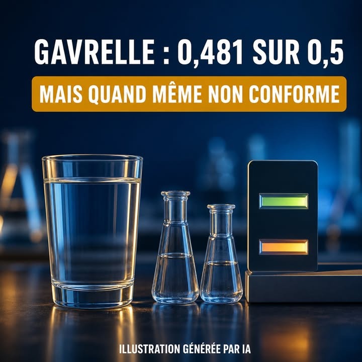 Un verre d'eau, deux flacons de laboratoire et un appareil de mesure lumineux sur une table sombre.