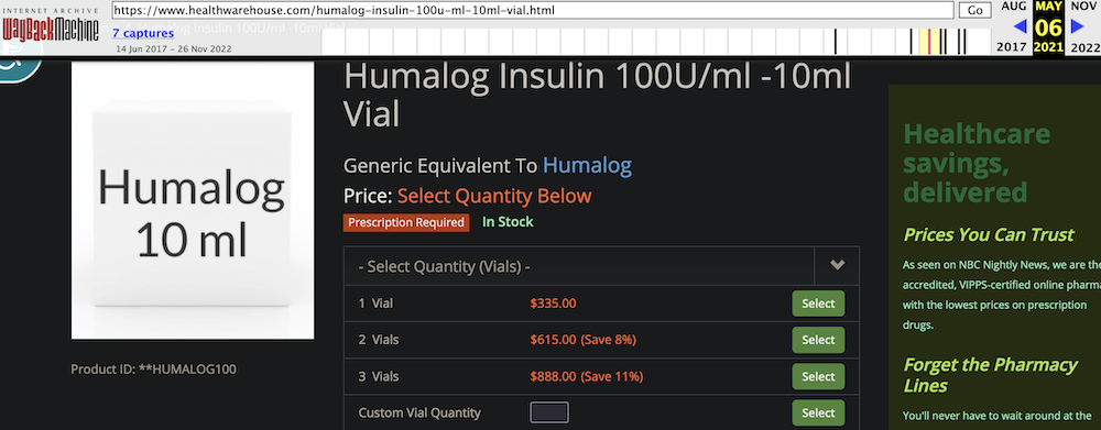 waybackmachine snapshot of online order form from healthwarehouse with insulin prices for August 2020 at $335