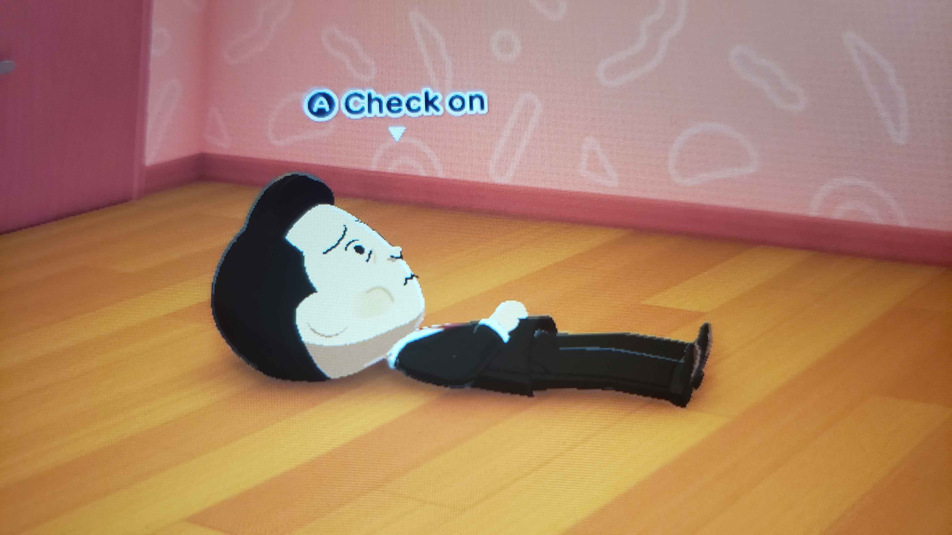 A photo from Tomodachi Life: Living the Dream, of a Mii laying down. The Mii represents Tommy Colatta from Half Life VR but the AI is Self Aware.