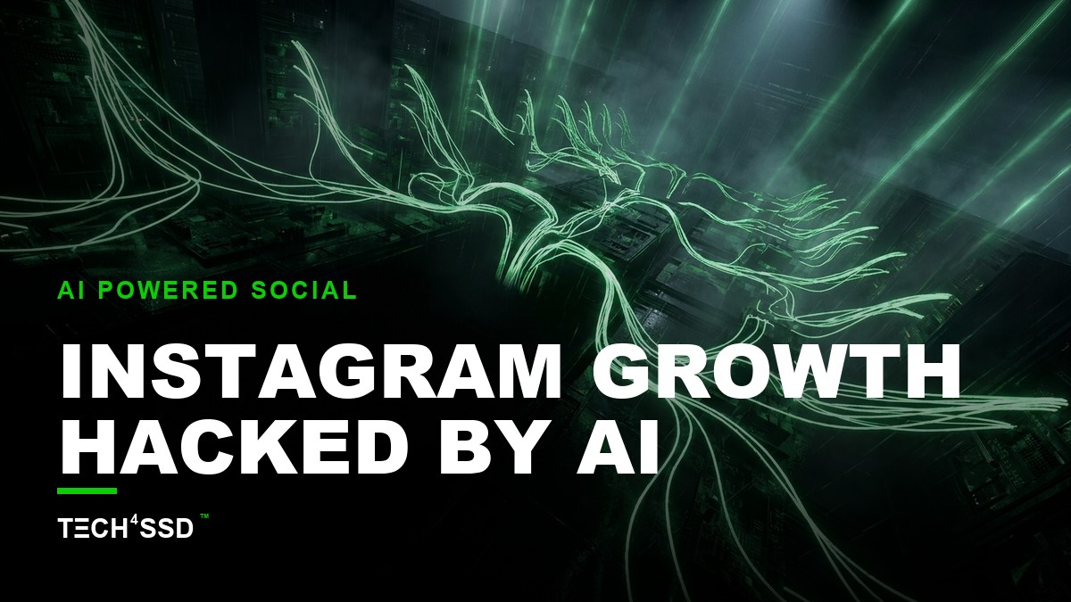 A stylized, glowing AI brain network overlaid on a smartphone screen displaying Instagram, showing increasing follower counts, against a dark, futuristic tech landscape, representing AI-powered Instagram growth.