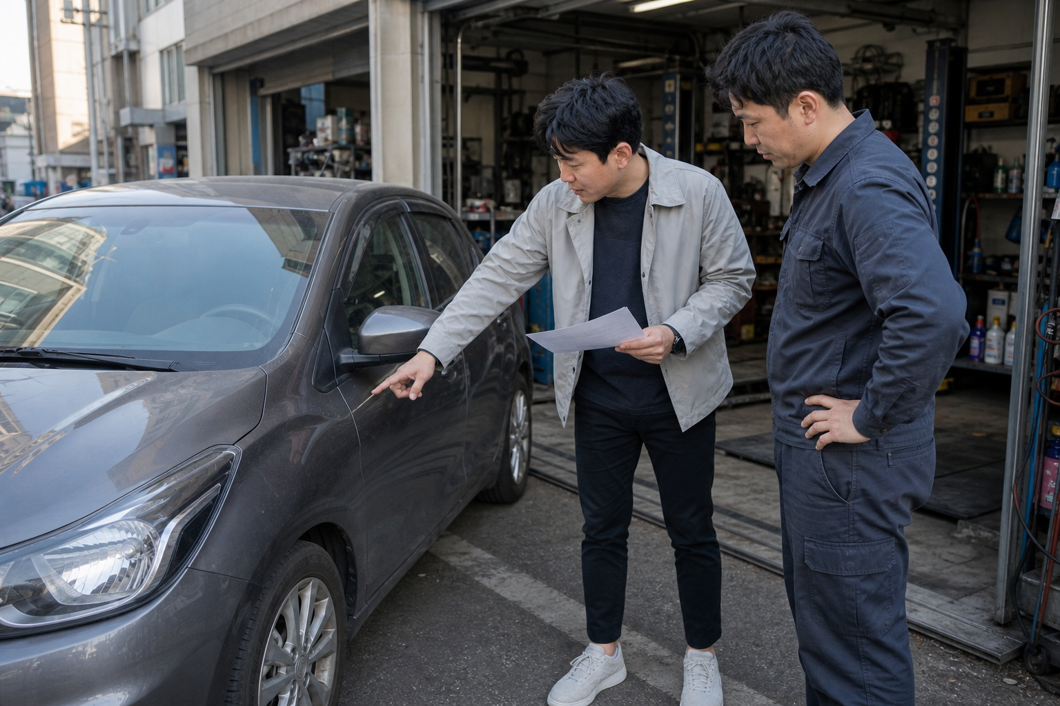이상 징후를 정비사에게 설명하고 전문 점검을 요청하는 모습