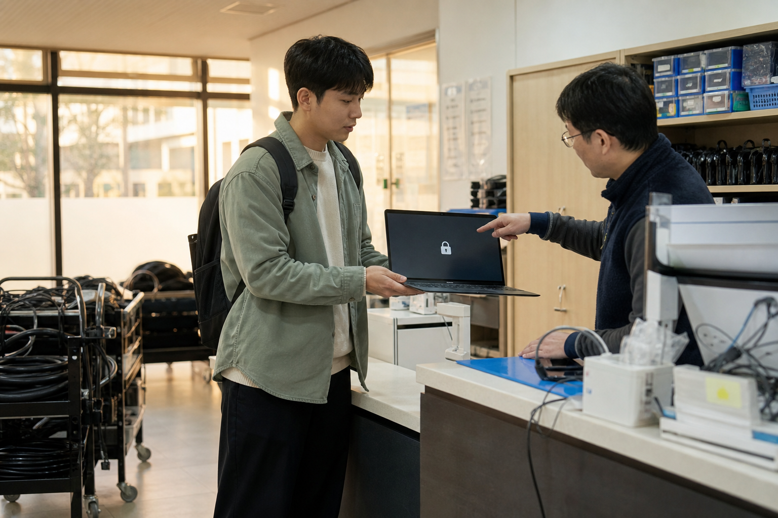 관리 기기의 팝업 설정이 잠겨 전산 담당자에게 문의하는 학생