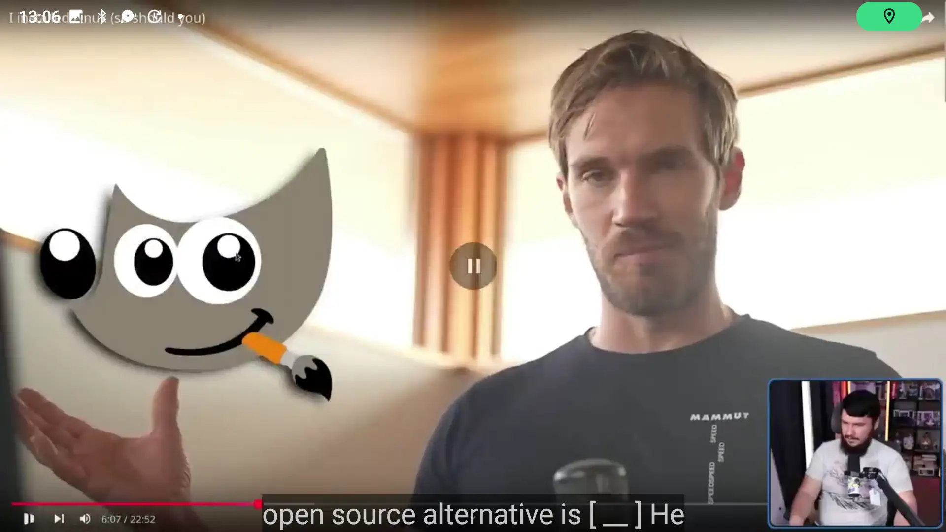 Screenshot of PewDiePie introducing GIMP, presented by Brodie Robertson