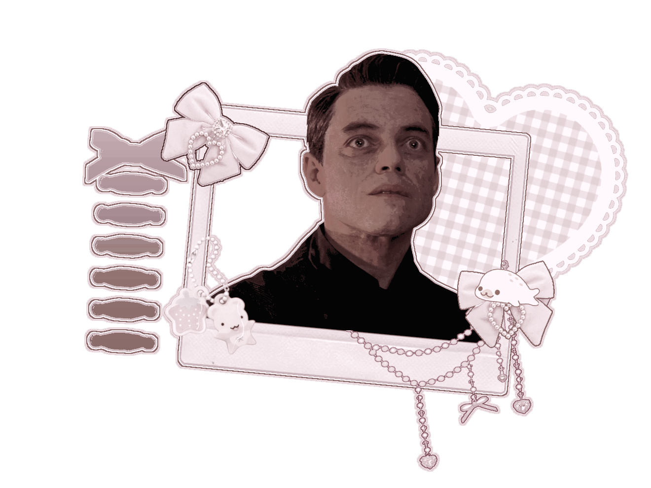 pink and white graphic of lyutsifer safin from james bond with ribbons