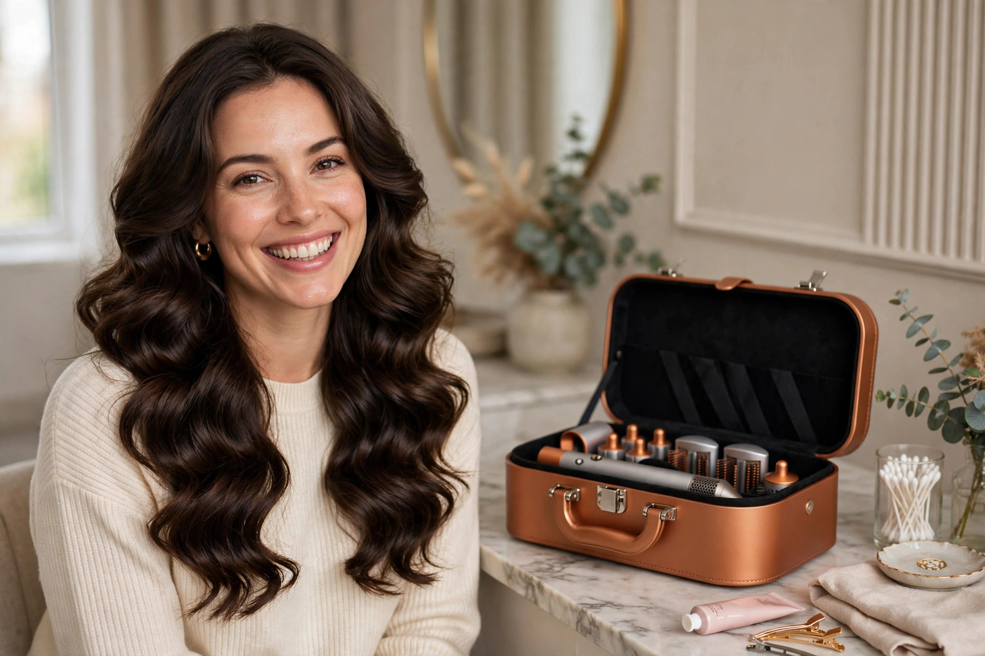 Woman with salon-quality voluminous waves beside her Dyson Airwrap storage case