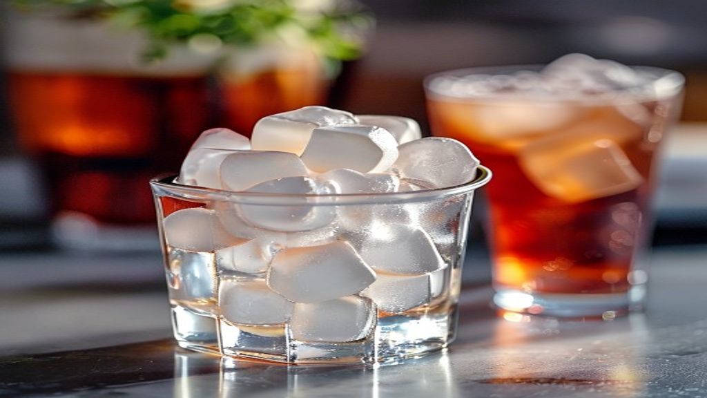 Close-up of chewable cubelet ice in a glass of soda