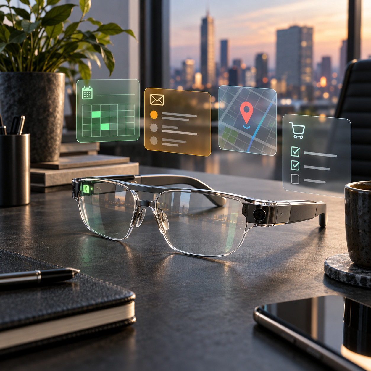 AR smart glasses beside floating assistant cards for calendar, mail, maps, and shopping.