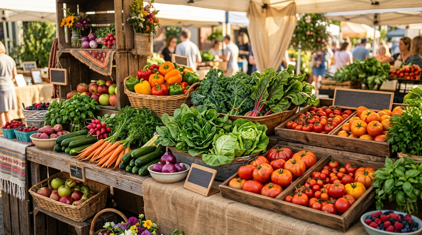 Why Eating Healthy Is So Expensive Fresh organic vegetables at a sunlit farmers market with colorful bell peppers, leafy greens and tomatoes