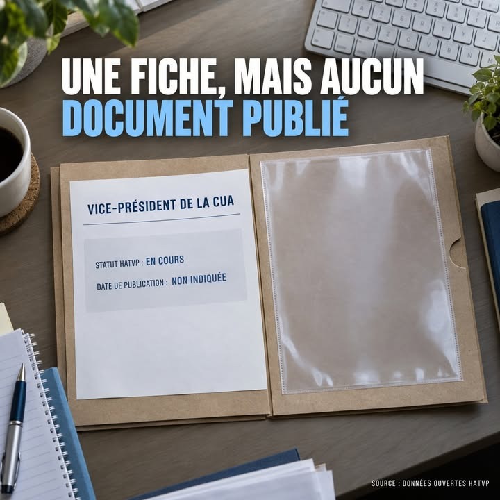 Un dossier kraft ouvert sur un bureau, la page gauche affiche une fiche vide avec le titre Vice-président de la CUA et des champs statut et date non renseignés.
