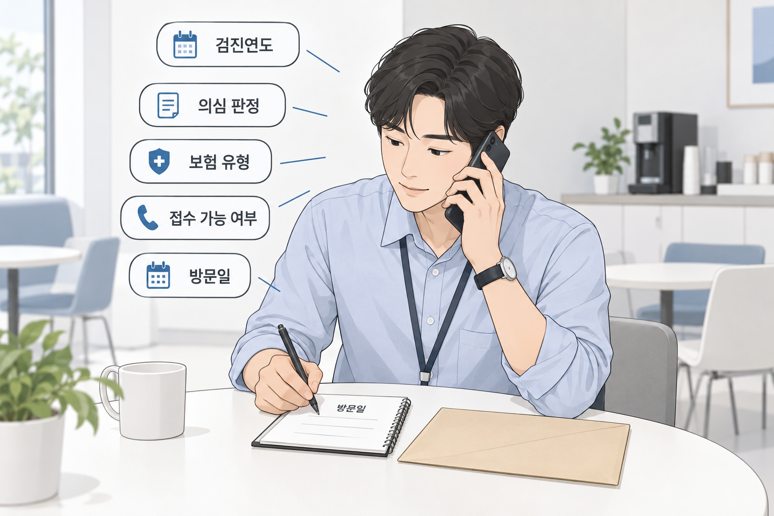 검진연도와 의심 판정을 전달하고 방문일을 메모하는 기관 문의 장면