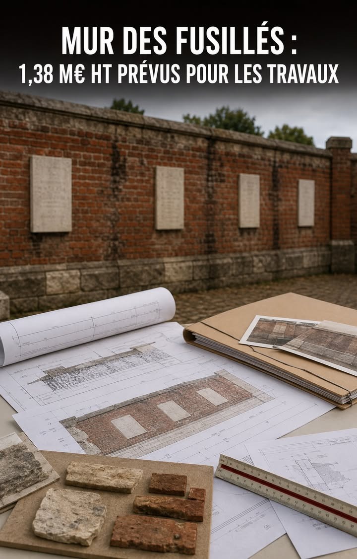 Un mur en brique avec des plaques commémoratives, des plans techniques, des échantillons de matériaux et une règle au premier plan.