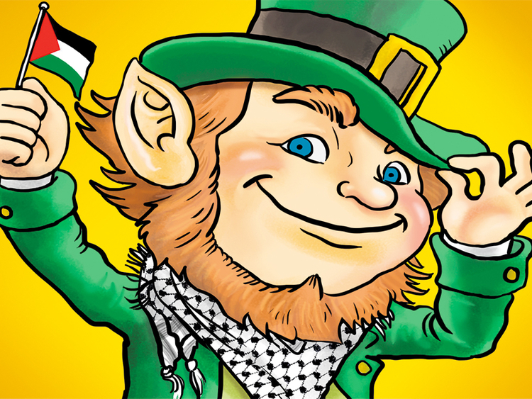 A drawing of a leprechaun holding a Palestinian flag