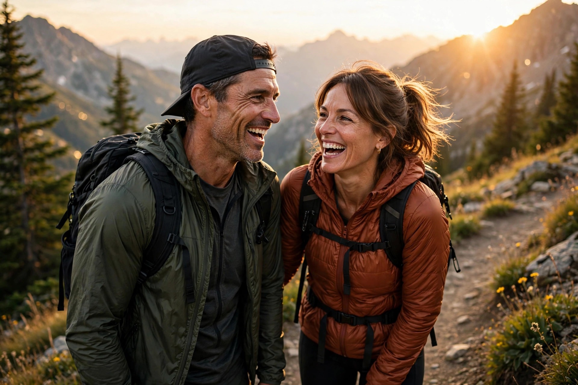 Confident active couple hiking at golden hour, Spartamax vitality results