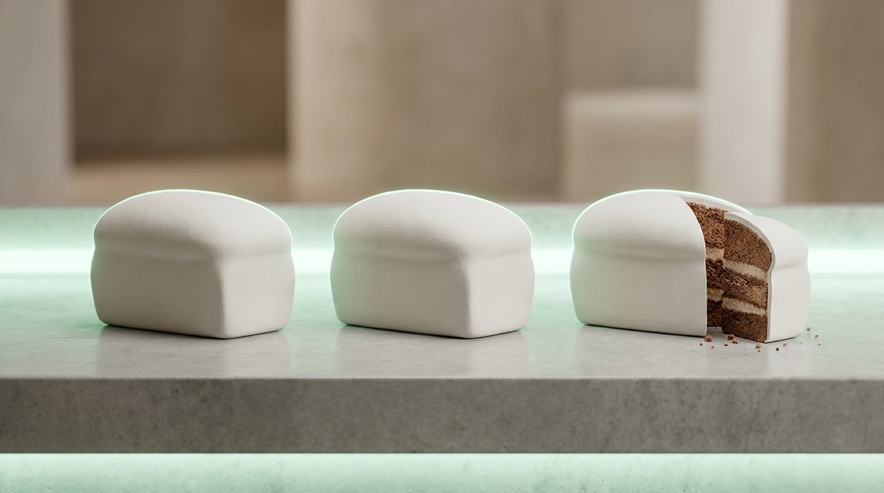 Everyday objects on a counter where one is revealed to be cake