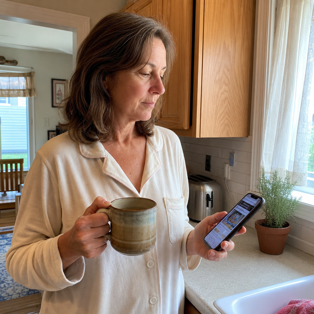Woman in her mid-fifties reading on her phone at her kitchen counter in warm morning light.