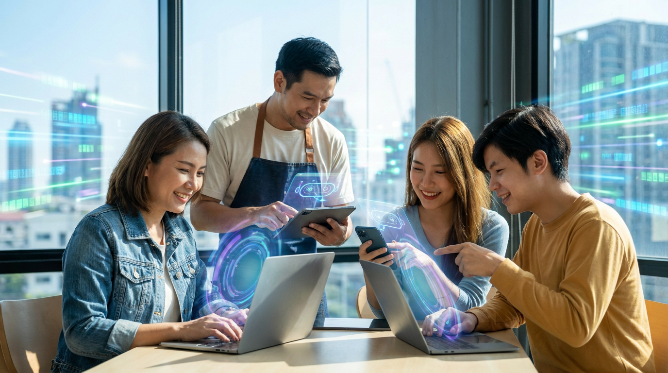 Diverse users engaging with free AI chatbots on various devices, showing ease of access for everyday tasks
