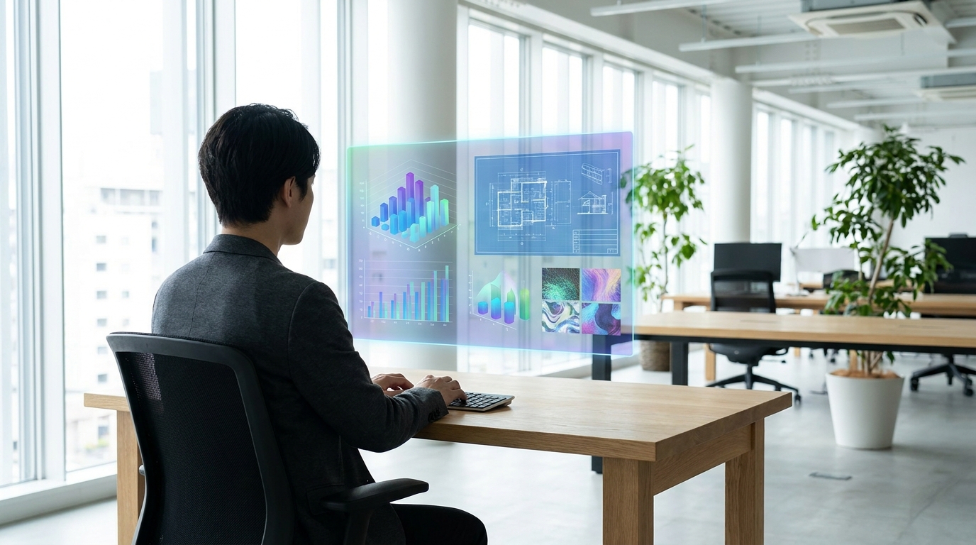 Person using a holographic interface powered by GPT-5.6, symbolizing enhanced productivity and innovation.