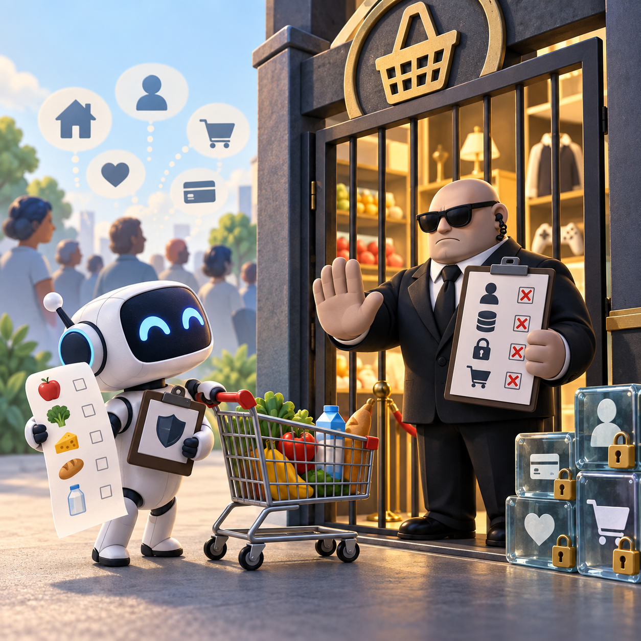 Editorial illustration: shopping agent blocked by platform gate