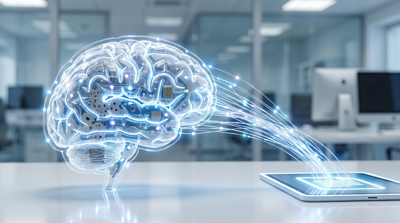 Conceptual image of AstaBrief's efficient architecture, showing data flowing rapidly from a brain to a document icon, highlighting fast AI report generation.