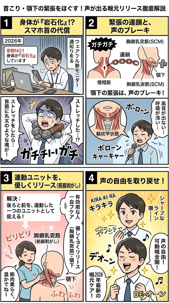 首こり・顎下の緊張をほぐす!声が出る喉元リリース徹底解説