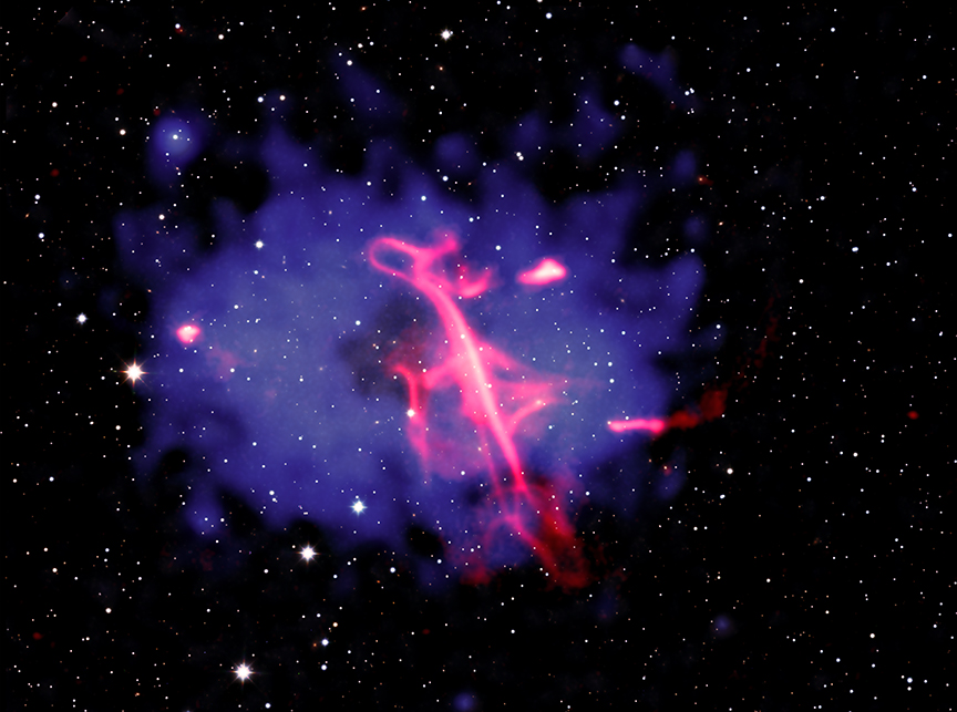 Pink radio emission resembles a treble clef inside a blue cloud of hot gas