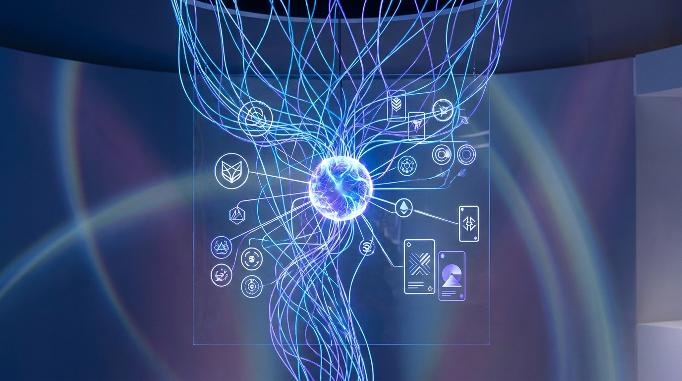 AI-generated logos and brand kit elements radiating from an abstract AI brain, showcasing the power of AI logo generators.