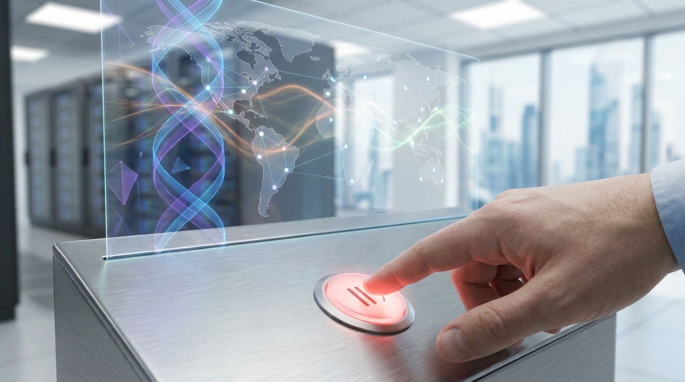 Human hand interacting with a holographic control panel, showing human oversight in AI agent operations.