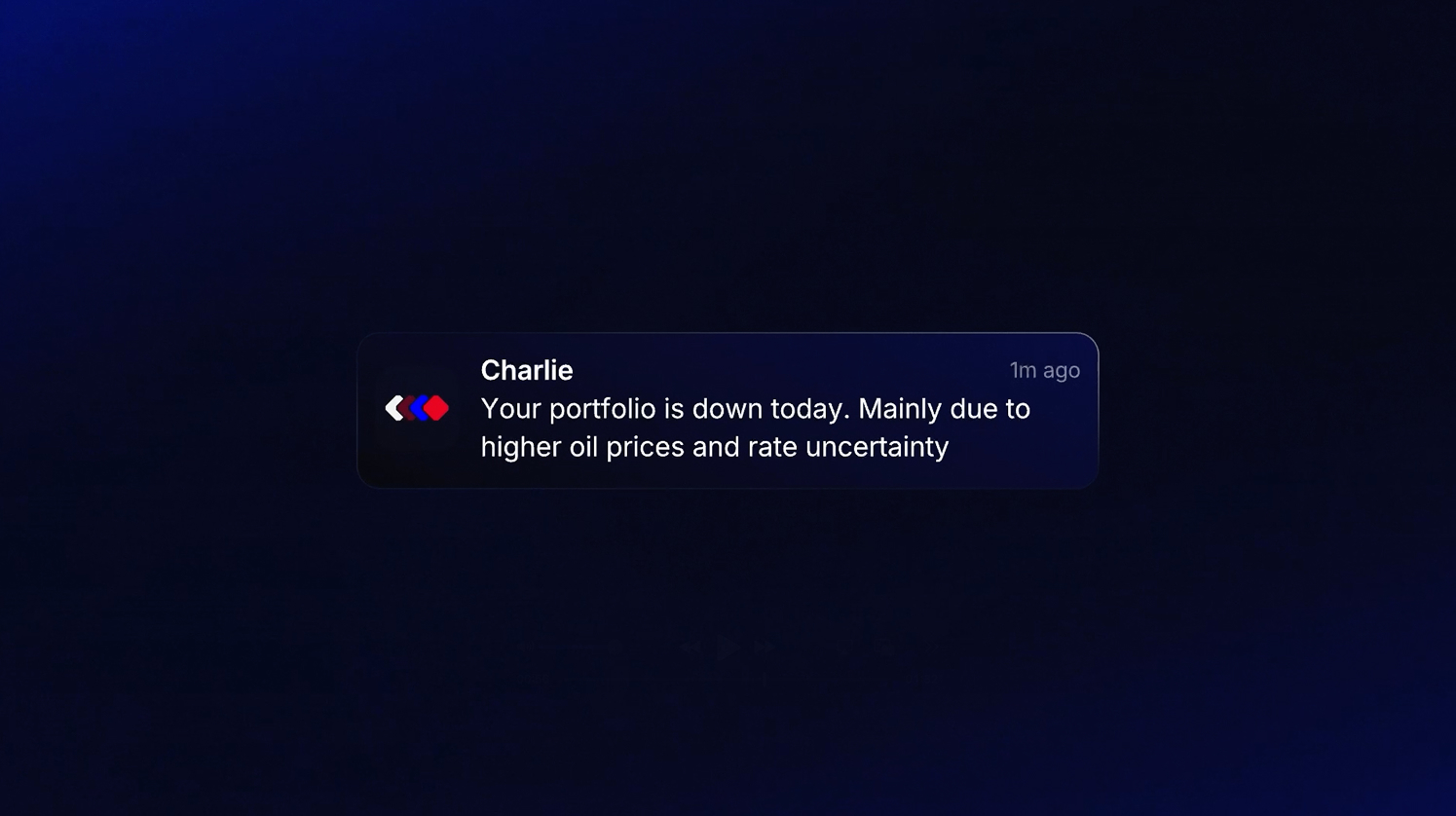 Charlie interface explaining why a portfolio is down, with portfolio-aware context linked to the market move.
