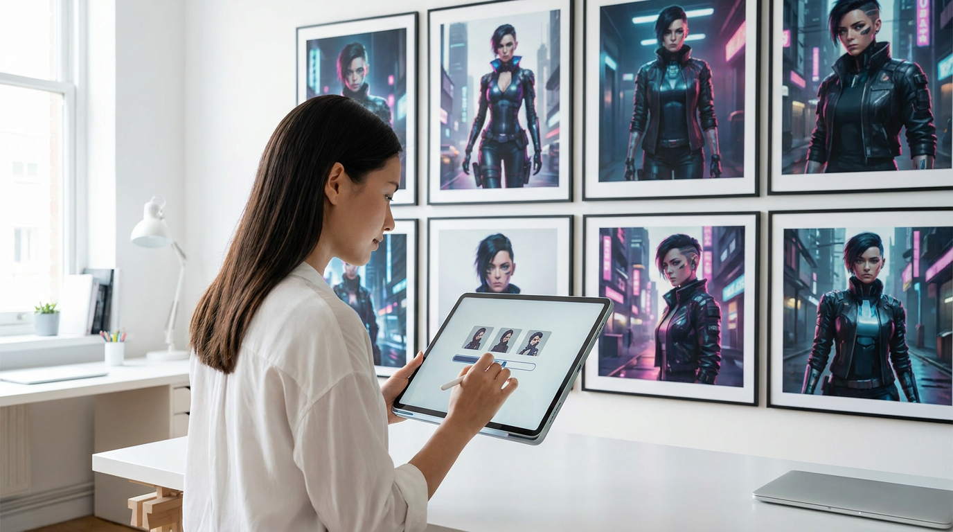 Digital artist training a LoRA model for AI character consistency, surrounded by consistent AI-generated images.