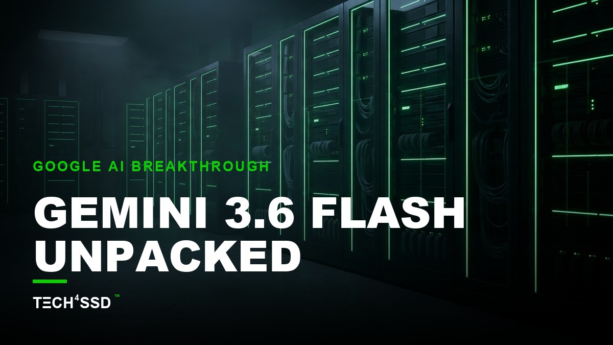 A stylized, glowing neural network with interconnected nodes, some highlighted in vibrant blue and green, representing the efficiency and speed of Gemini 3.6 Flash.