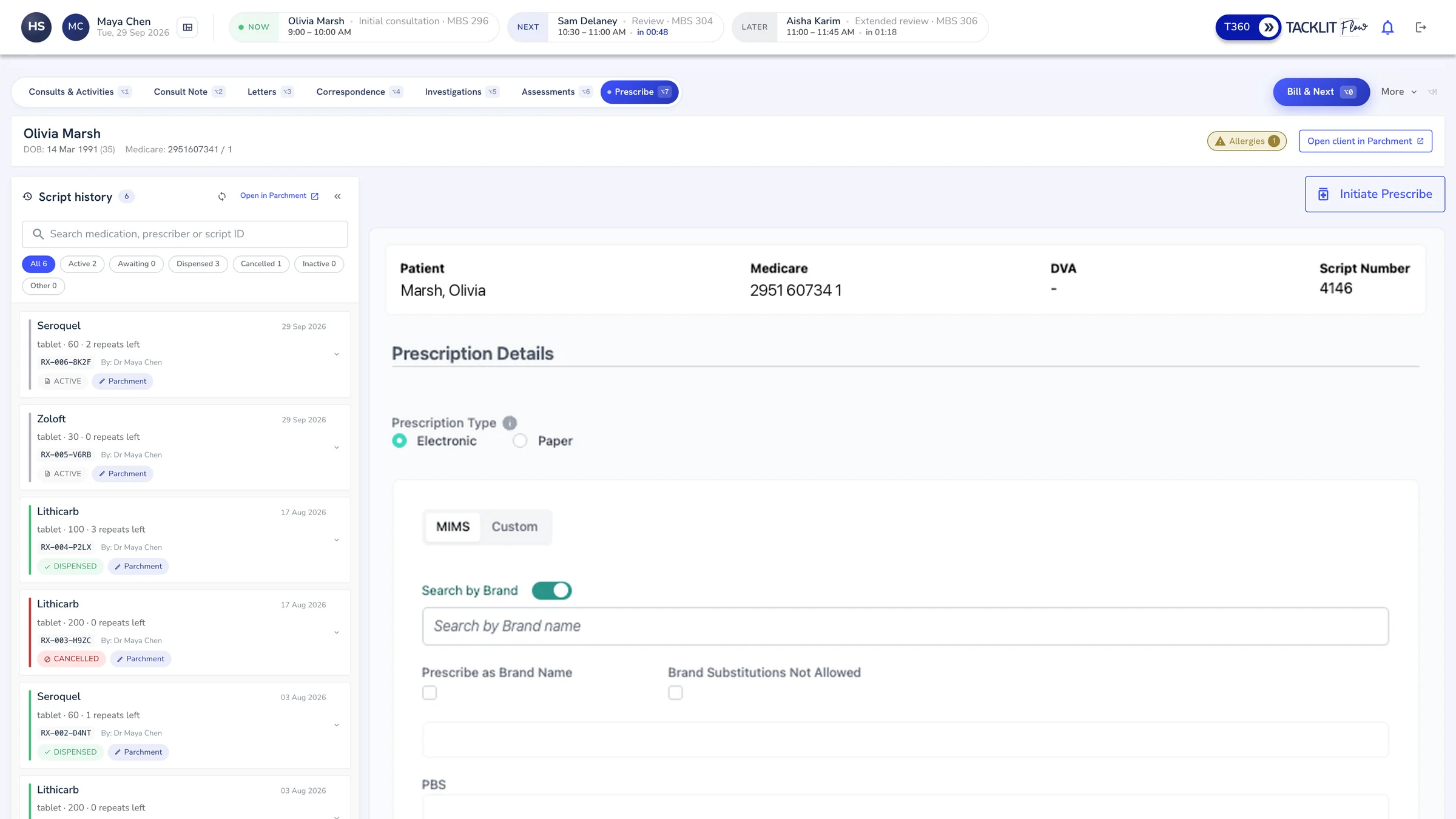 Flow Prescribe tab with the client's script history on the left and an electronic prescription form with MIMS search and PBS fields on the right