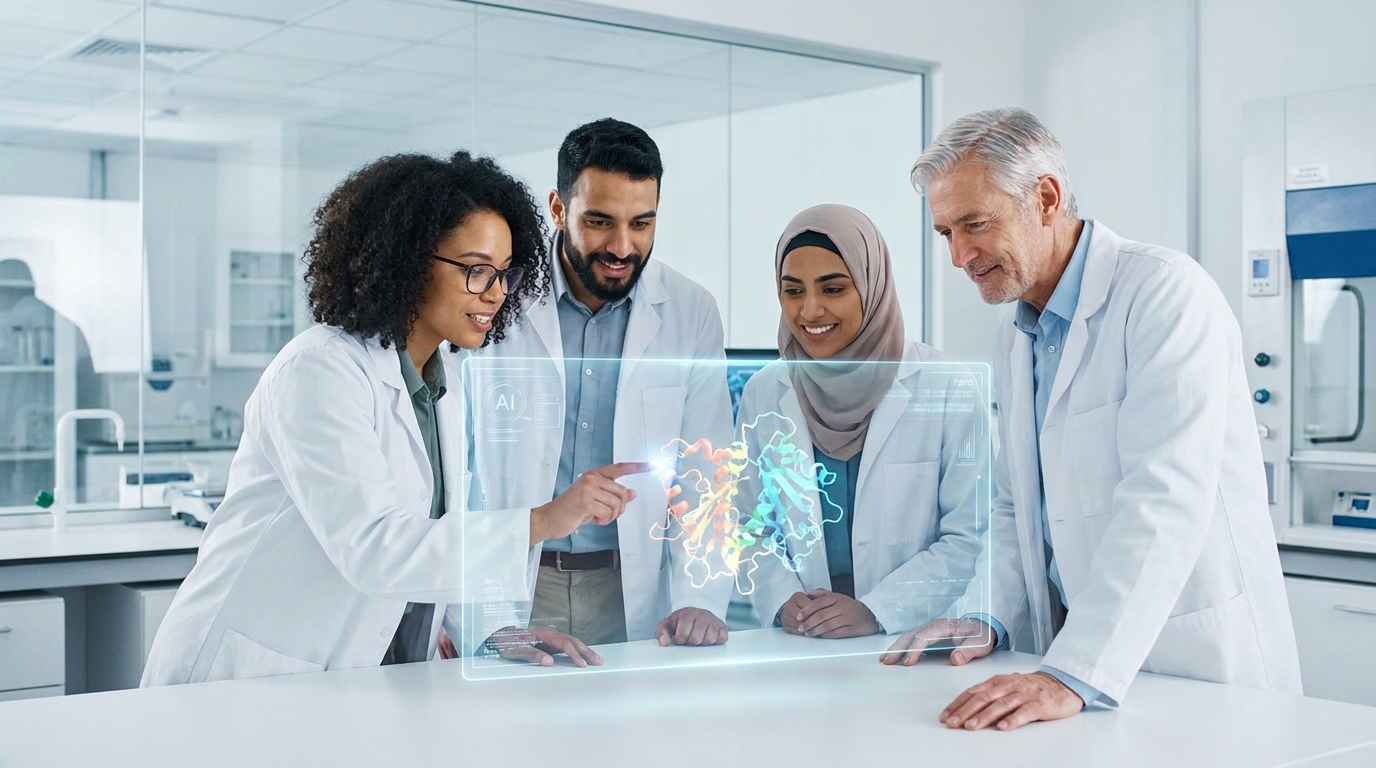 Diverse scientists collaborating in a modern lab, using Claude Science to analyze complex biological models on a holographic display.