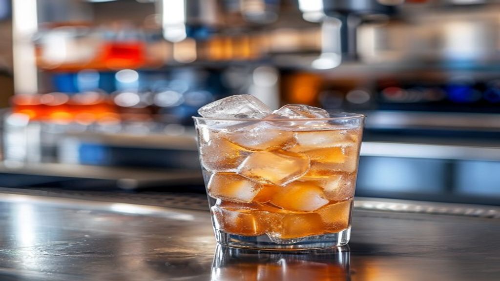 Close-up of cubelet ice filling a drink cup at a soda fountain station