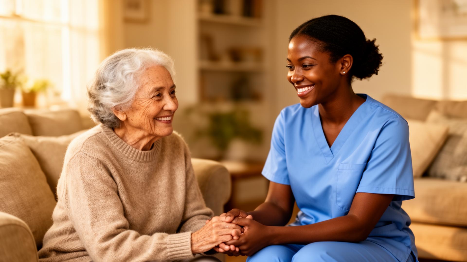 Caregiver holding hands with elderly patient in a warm home setting