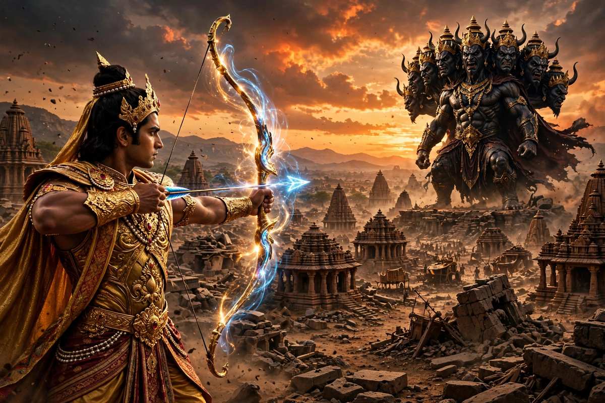 रामायण फिल्म के पोस्टर जैसा महाकाव्य दृश्य — धनुषधारी योद्धा और दस सिर वाला दानवराज