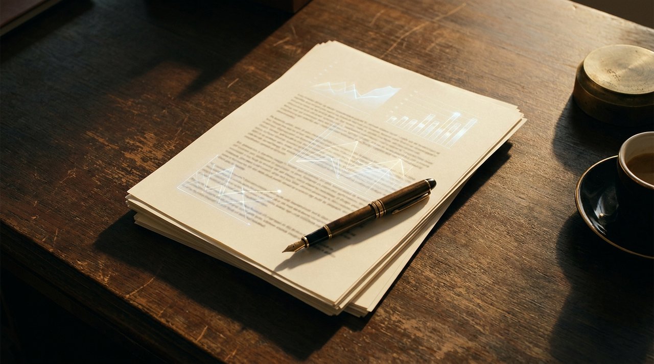 Stack of IPO documents on executive desk with fountain pen, espresso cup, brass paperweight