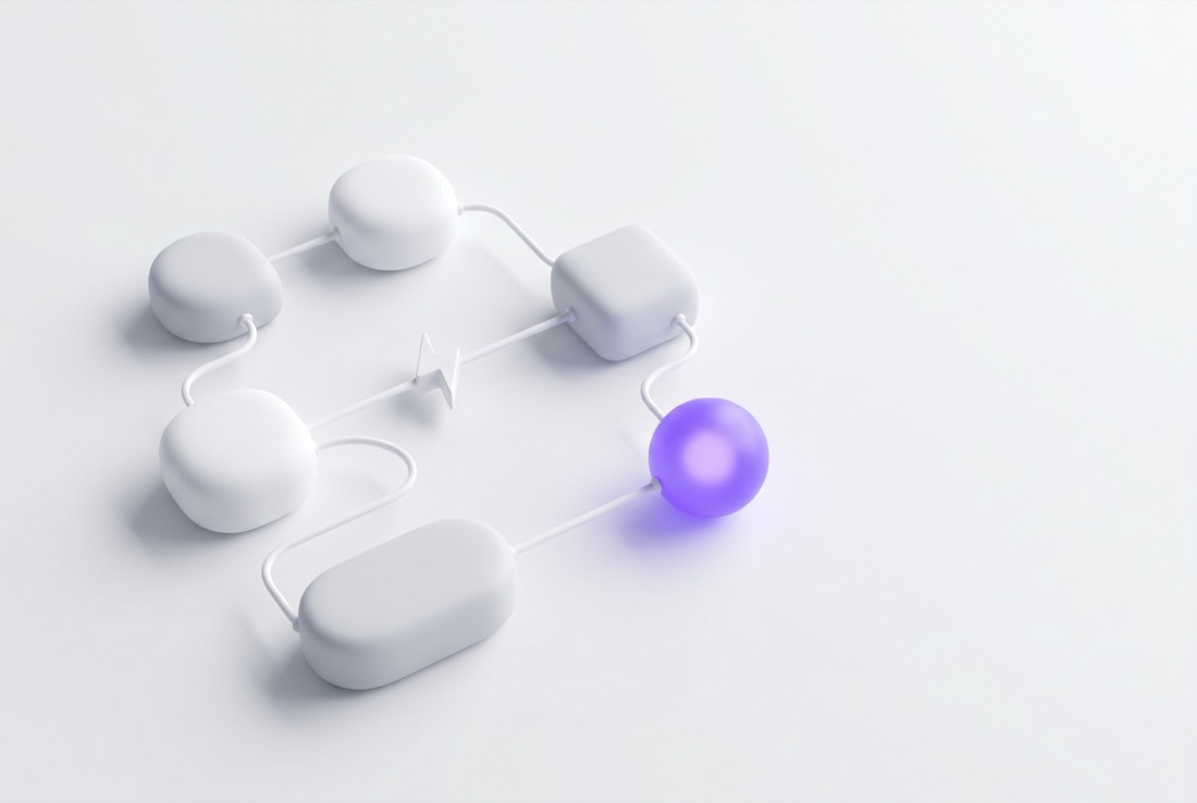 Abstract white render of connected workflow modules linked into an automation, one glowing violet node. DigiVal AI automation for Sydney businesses.