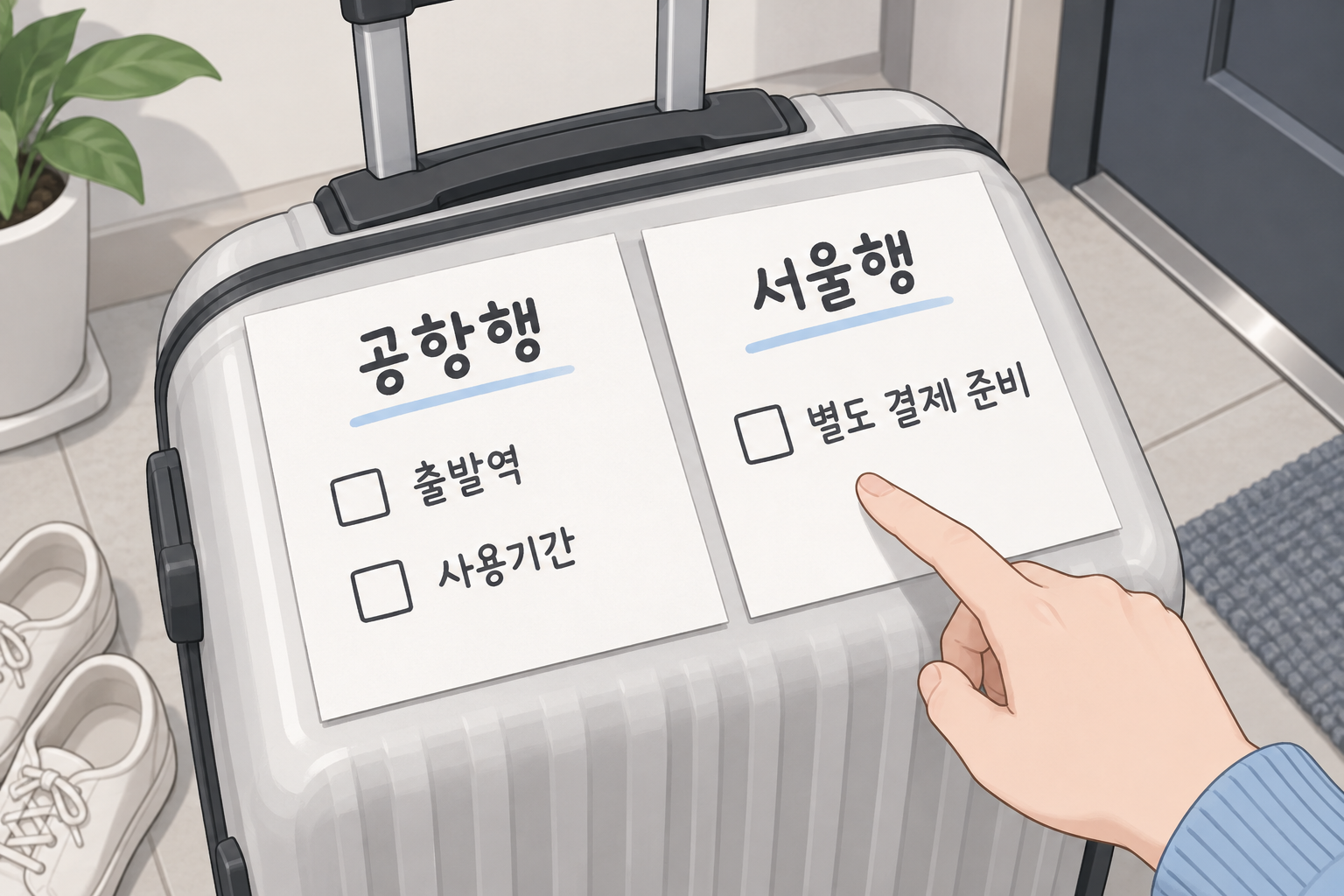 공항행 출발역·사용기간과 귀가편 별도 결제를 각각 적은 왕복 준비 메모